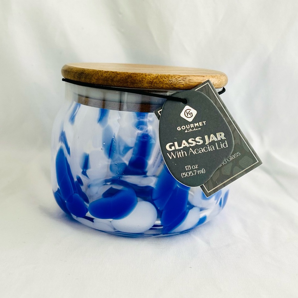 NEW Gourmet Kitchen Murano Glass Jar With Bamboo Lid Dark Blue~White Airtight